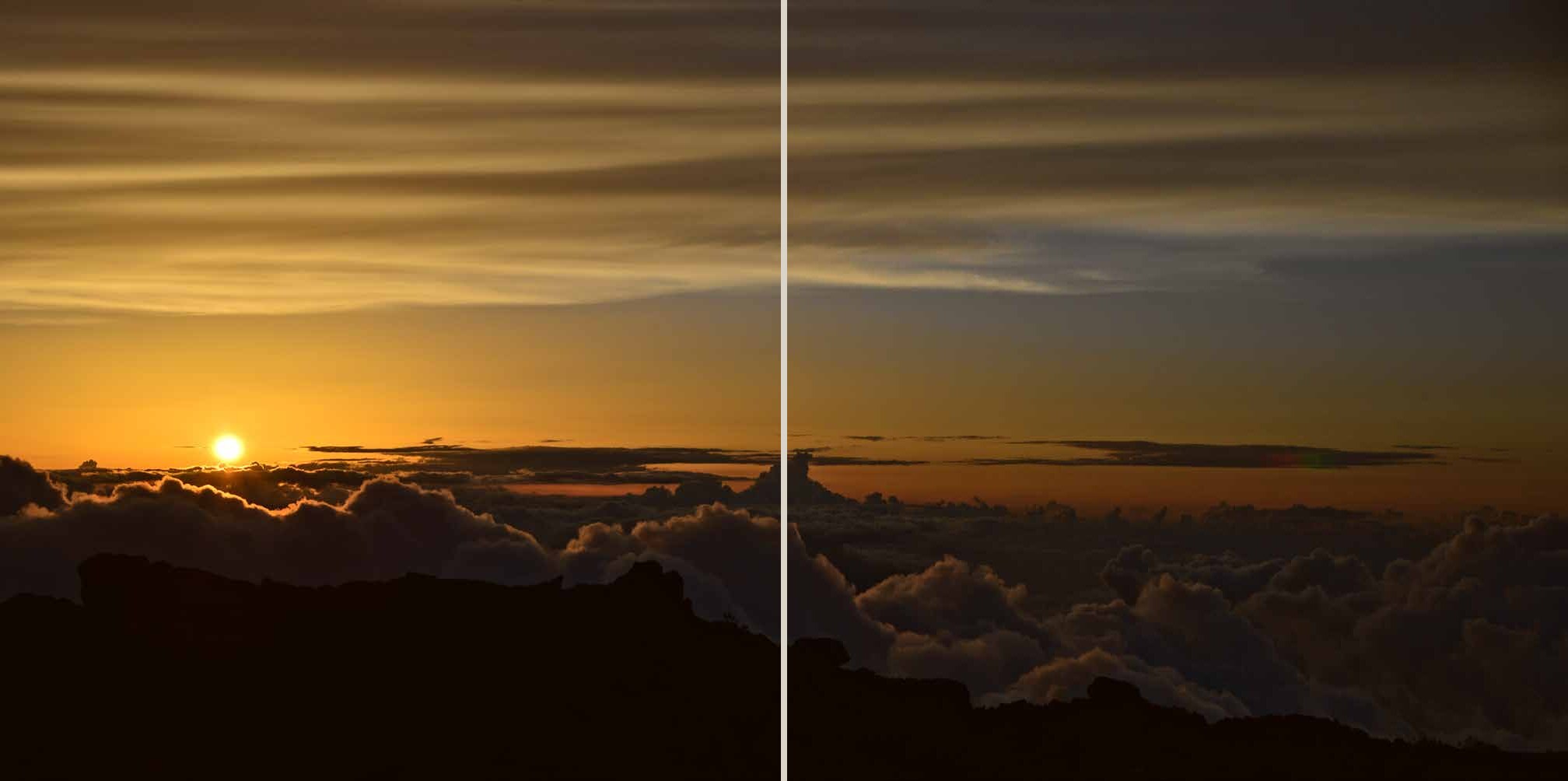 Two-page Seeing Wild spread showing sunrise above a sea of clouds